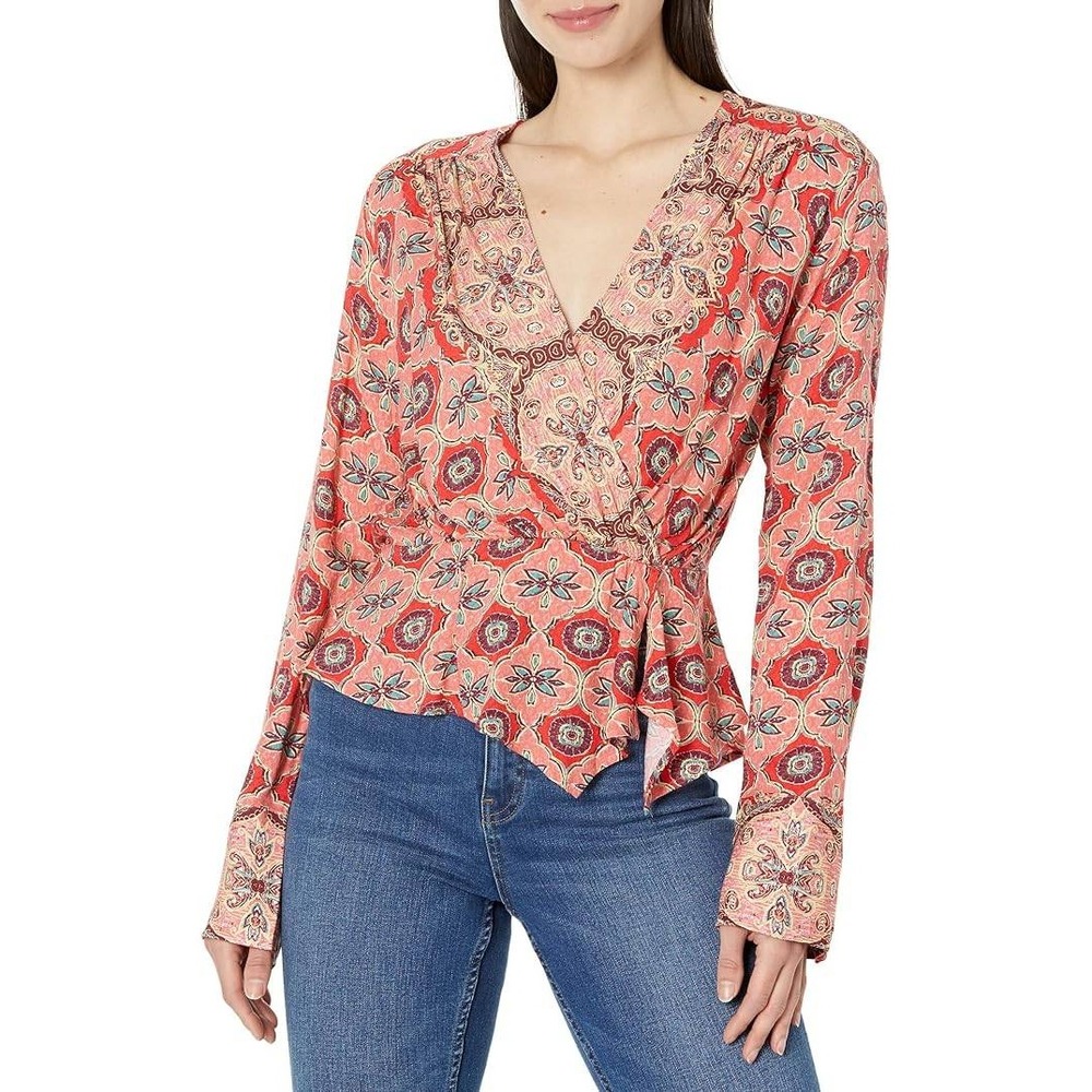 Free People Falling for You Top XL Pink Boho Long Sleeve V-Neck Peplum Faux Wrap